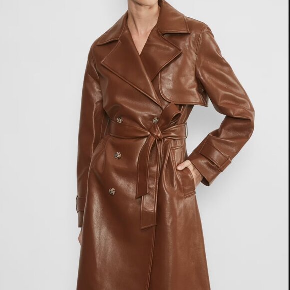 NEW Aritzia Babaton New Tabloid Vegan Leather Trench Coat in Cognac Brown - Picture 2 of 10